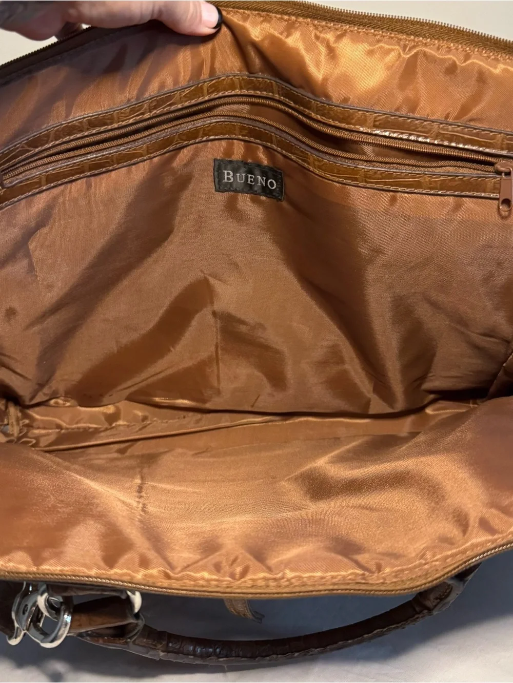 Bueno brown faux leather briefcase crocodile texture Adjustable strap